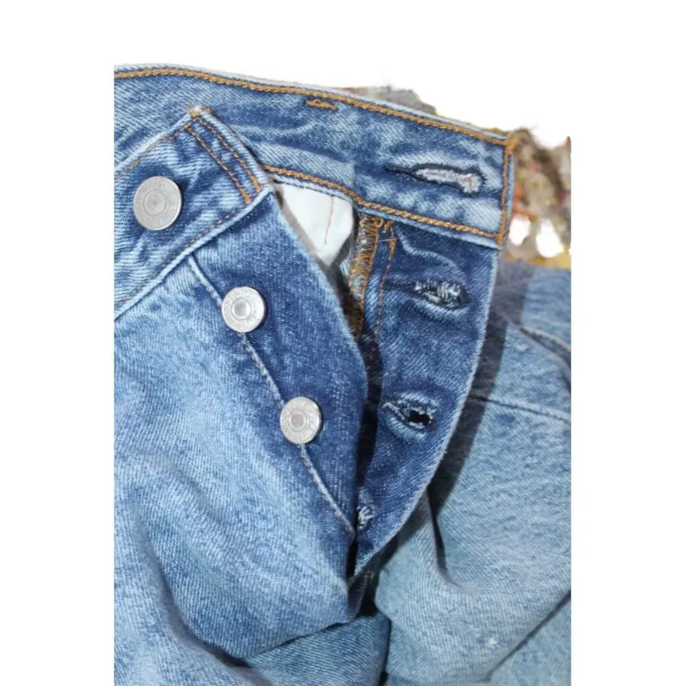 Levis Womens Button Fly High Rise Distressed Straight Leg Jeans Blue Size 30x28